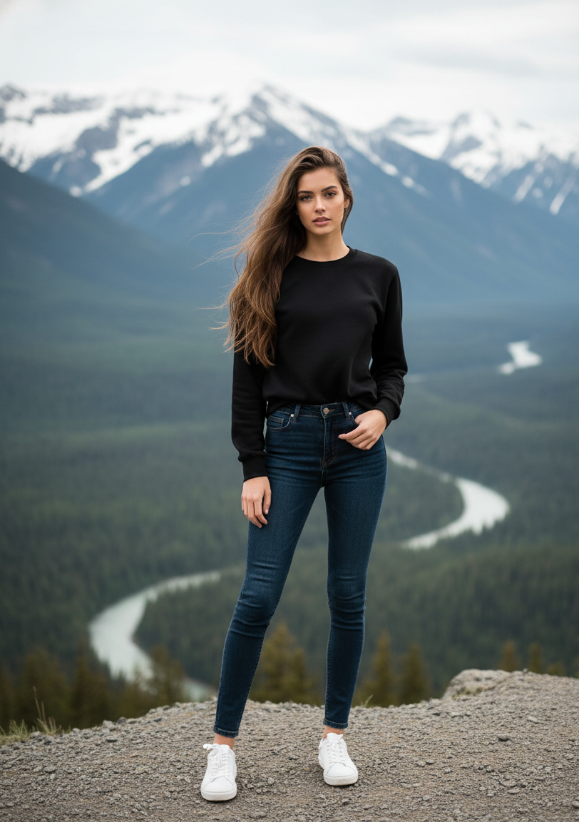 Women's Casual Crew Neck Sweatshirt Soft & Loose Fit Pullover In Black Color