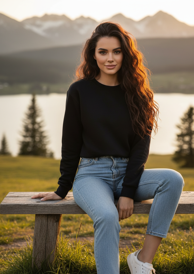 Women's Casual Crew Neck Sweatshirt Soft & Loose Fit Pullover In Black Color