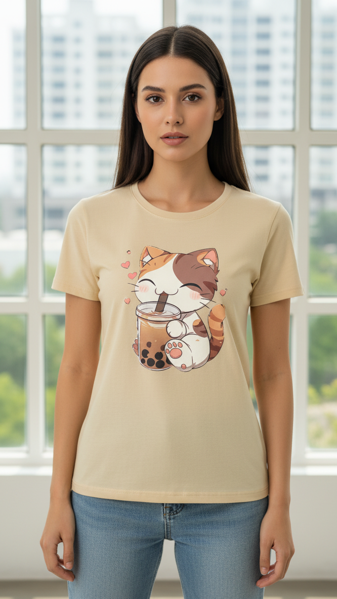 Women's T-Shirt – Short Sleeve Crew Neck Casual Tee in Beige Printed Cat with Coffee Graphic T-Shirt
