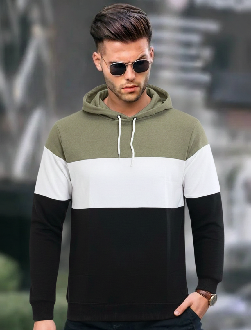 Men’s Color Block Hoodie – Olive Green, White & Black Casual Pullover Sweatshirt