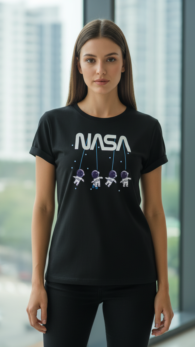 Women's T-Shirt – Short Sleeve Crew Neck Casual Tee in Black Printed NASA Graphic T-Shirt