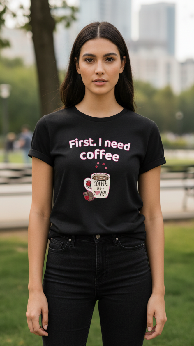 Women's T-Shirt – Short Sleeve Crew Neck Casual Tee in Black Printed First I need Coffee Graphic T-Shirt