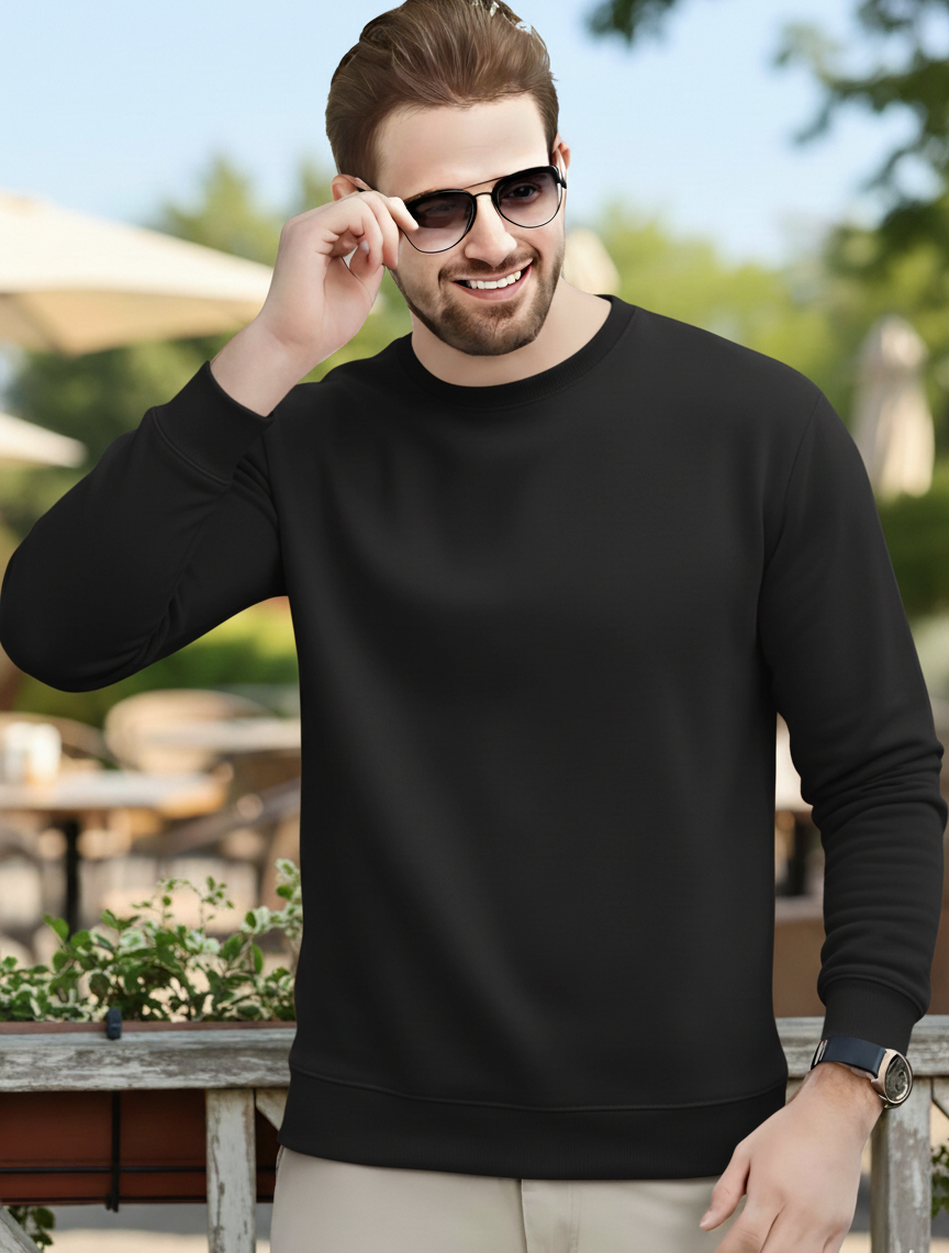 Men's Essentials Black Feel Cozy Fleece Long Sleeve Casual Sweatshirt