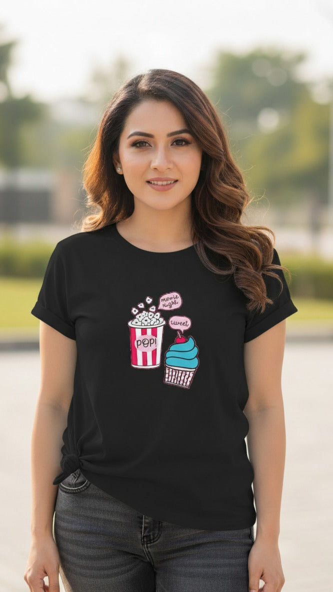 Women's T-Shirt – Short Sleeve Crew Neck Casual Tee in Black Printed Graphic T-Shirt