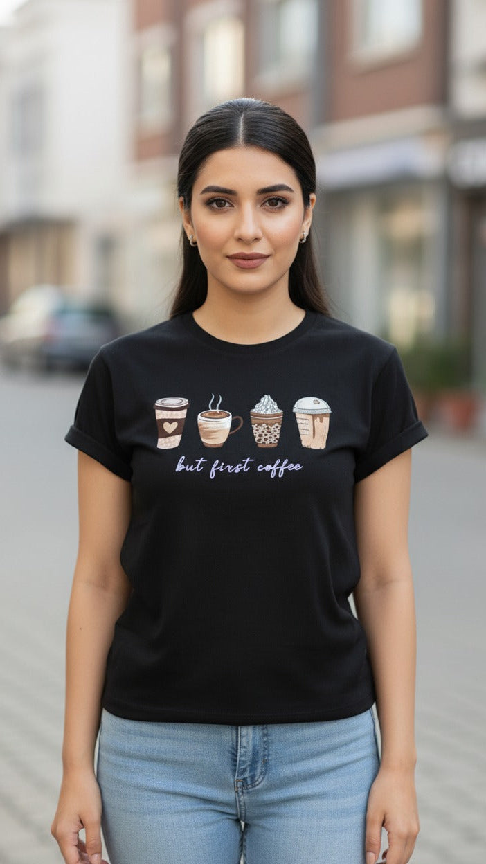 Women's T-Shirt – Short Sleeve Crew Neck Casual Tee in Black Printed Coffee Graphic T-Shirt