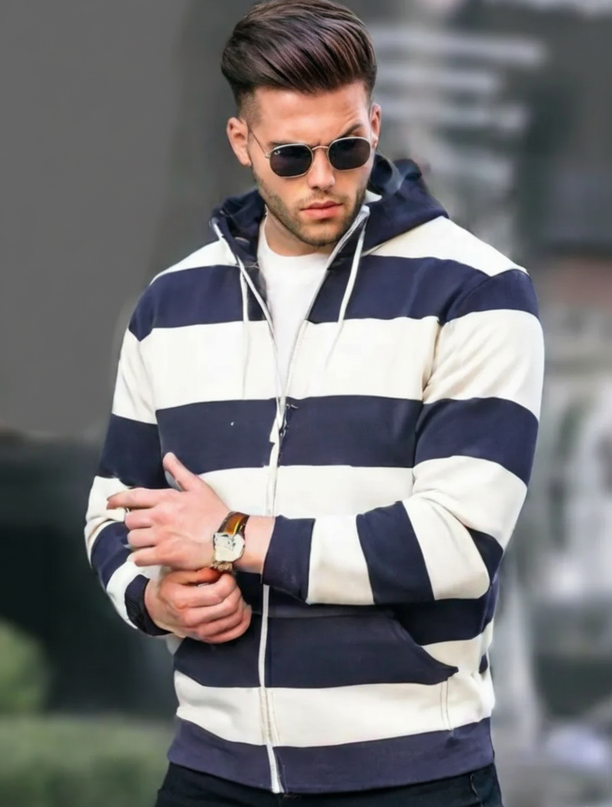 Men’s Navy Blue & White Striped Zip-Up Hoodie – Casual Full Zip Sweatshirt with Pockets