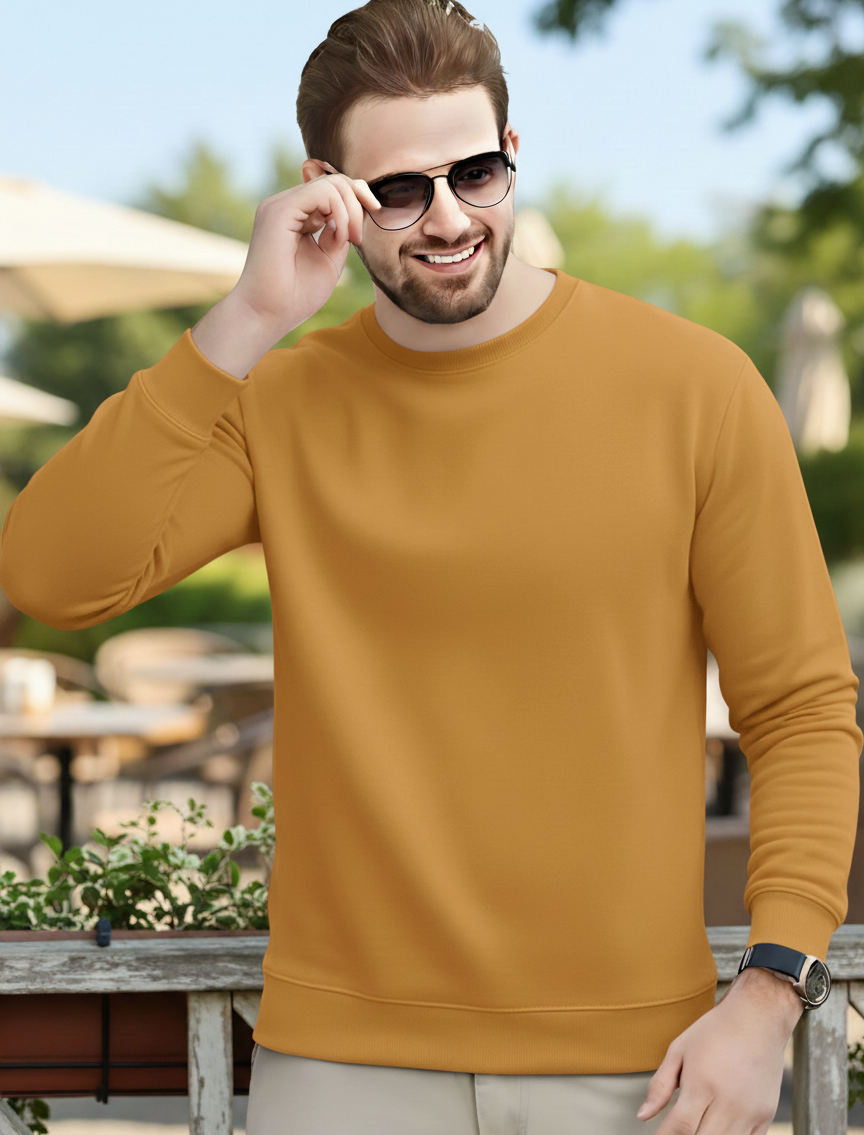 Men's Essentials Camel Color Feel Cozy Fleece Long Sleeve Casual Sweatshirt