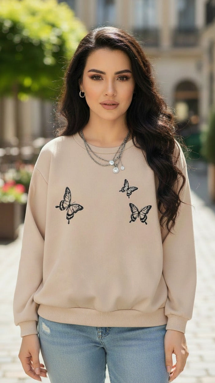 Women's Casual Crew Neck Sweatshirt Soft & Loose Fit Pullover In Beige Butterfly Printed