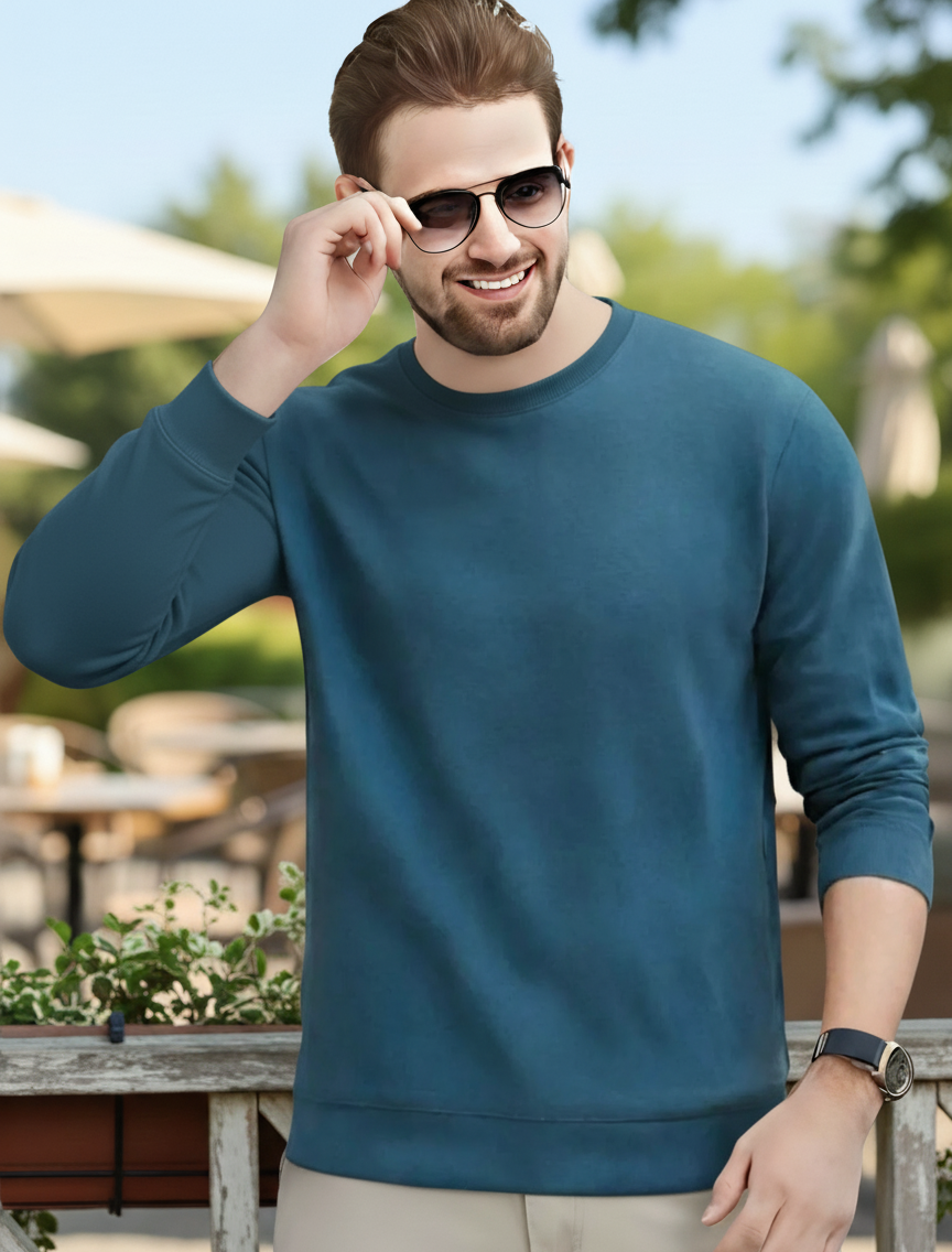 Men's Essentials Teal Blue Feel Cozy Fleece Long Sleeve Casual Sweatshirt