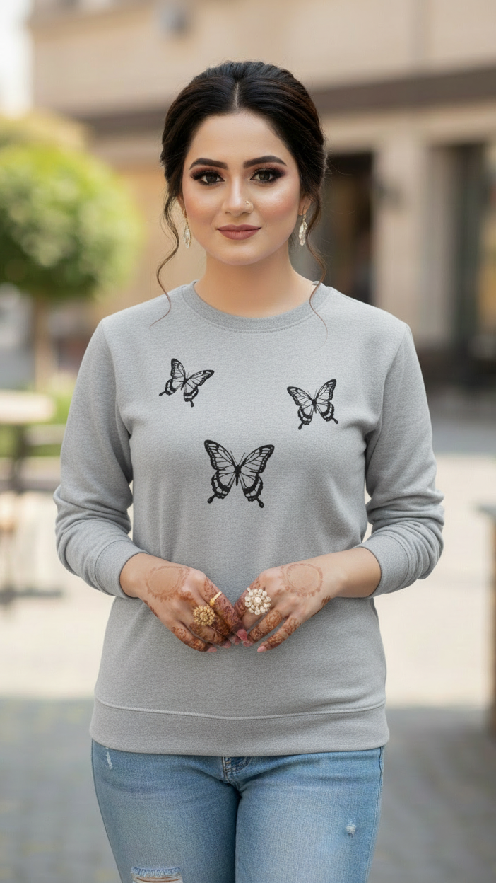 Women's Casual Crew Neck Sweatshirt Soft & Loose Fit Pullover In Grey Color Butterfly Printed