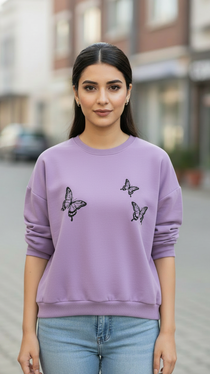 Women's Casual Crew Neck Sweatshirt Soft & Loose Fit Pullover In Light Purple Color Butterfly Printed