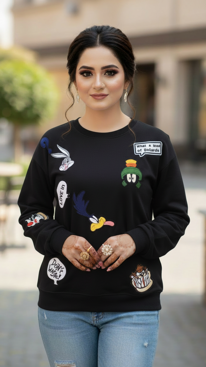 Women's Casual Crew Neck Sweatshirt Soft & Loose Fit Pullover In Black Color Looney Tunes Printed