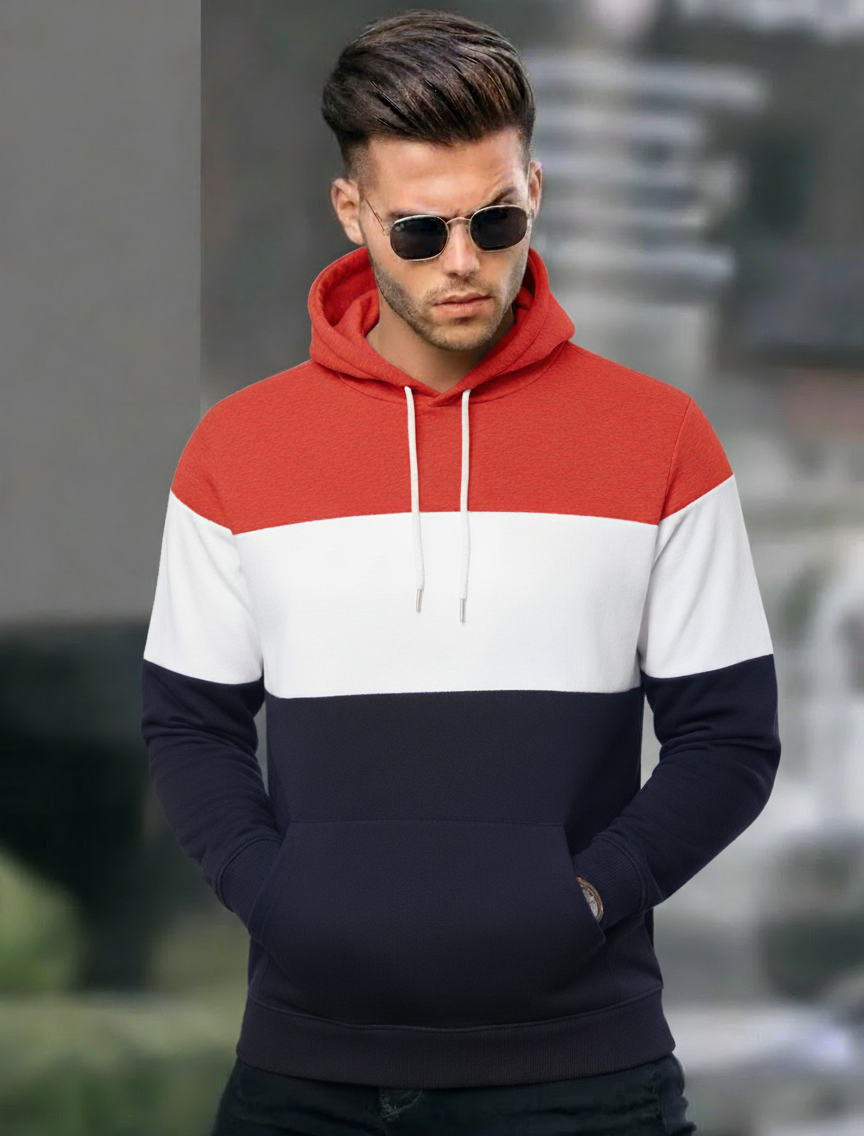 Men's Color Block Hoodie – Red, White & Navy Casual Pullover with Kangaroo Pocket