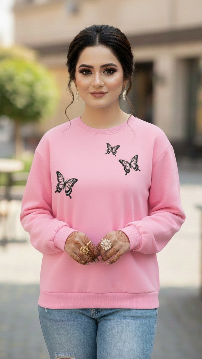 Women's Casual Crew Neck Sweatshirt Soft & Loose Fit Pullover In Pink Color Butterfly Printed
