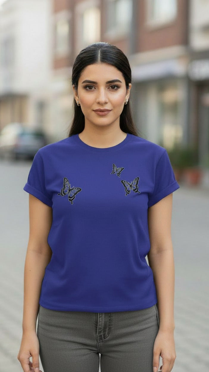 Women's Casual Crew Neck Sweatshirt Soft & Loose Fit Pullover In Purple Butterfly Printed