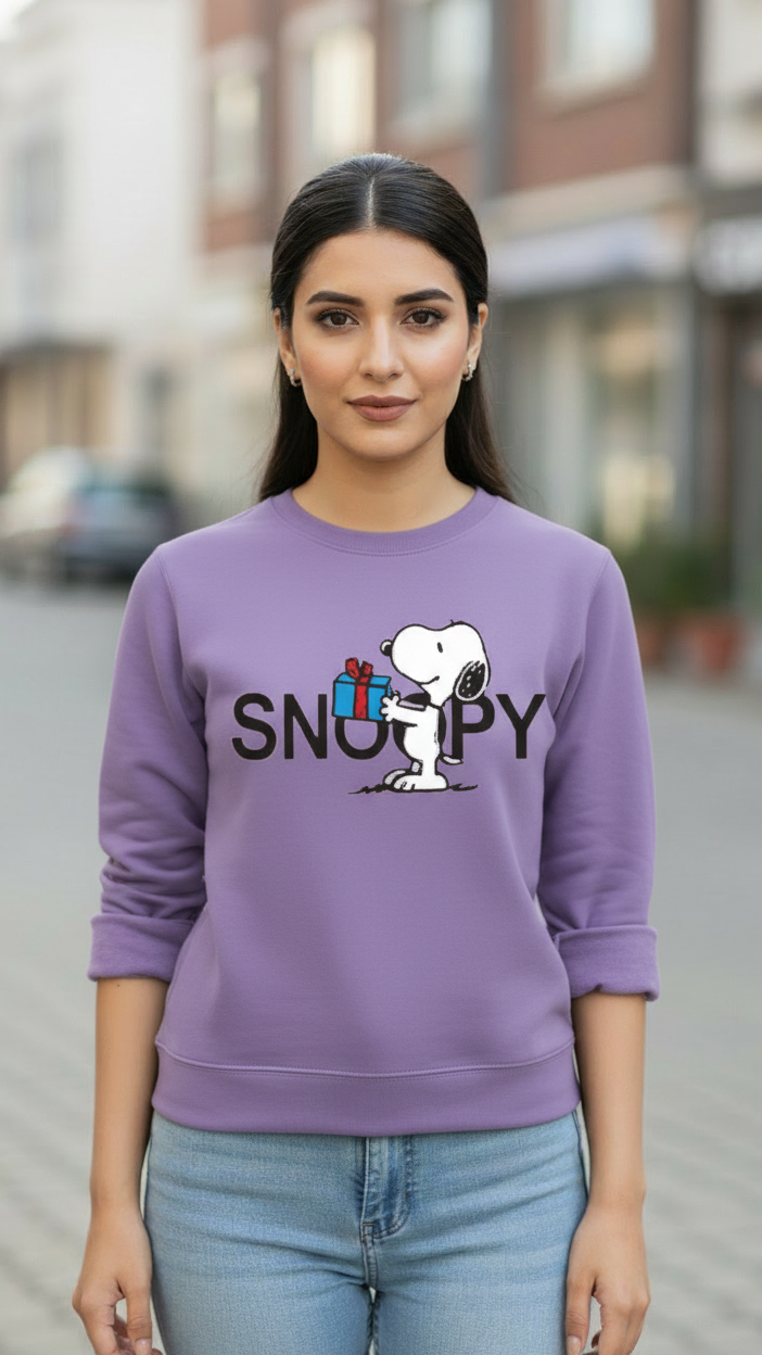 Women's Casual Crew Neck Sweatshirt Soft & Loose Fit Pullover In Purple Color Snoopy Printed