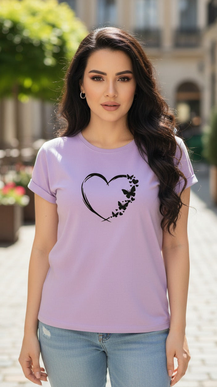Women's T-Shirt – Short Sleeve Crew Neck Casual Tee in Purple Printed Heart Graphic T-Shirt