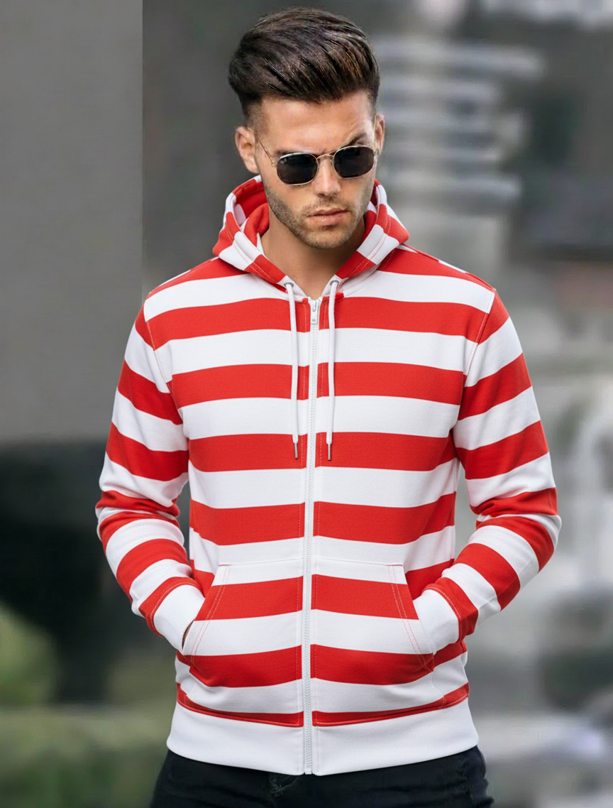 Men’s Red & White Striped Zip Up Hoodie – Casual Full Zip Sweatshirt with Pockets