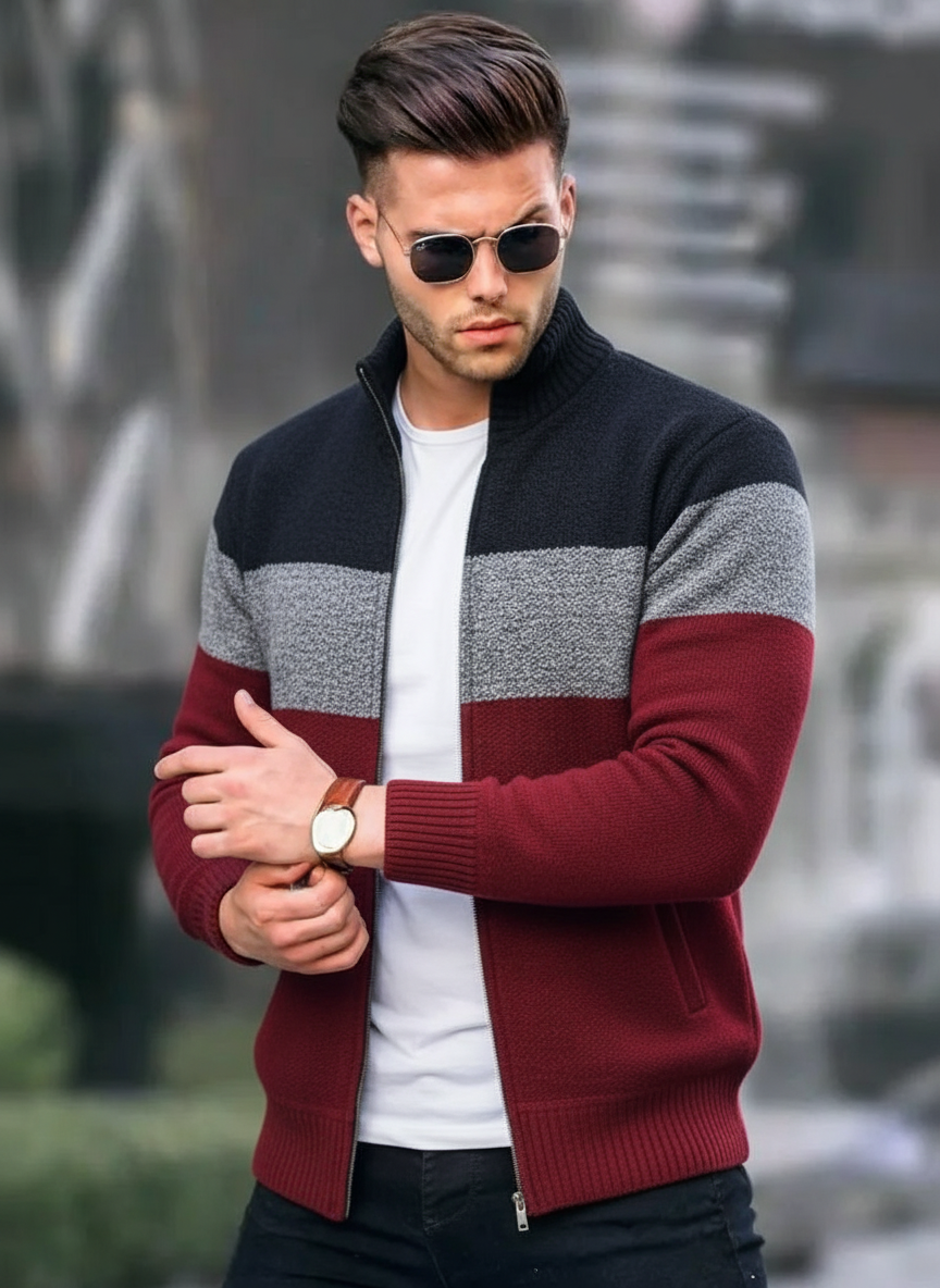 Mens Zipper Cardigan Sweater Slim Fit Casual Full Zip Sweaters Knit Stand Collar with 2 Front Pockets
