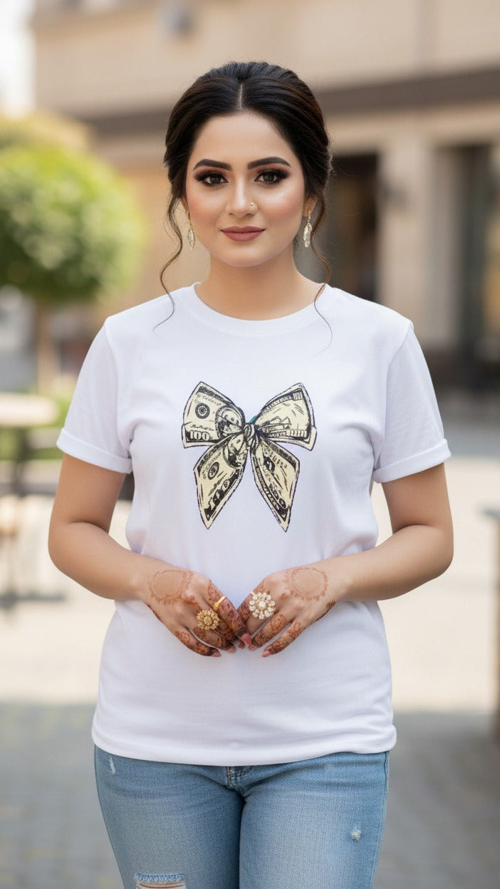 Women's T-Shirt – Short Sleeve Crew Neck Casual Tee in White Money Bow Graphic T-Shirt