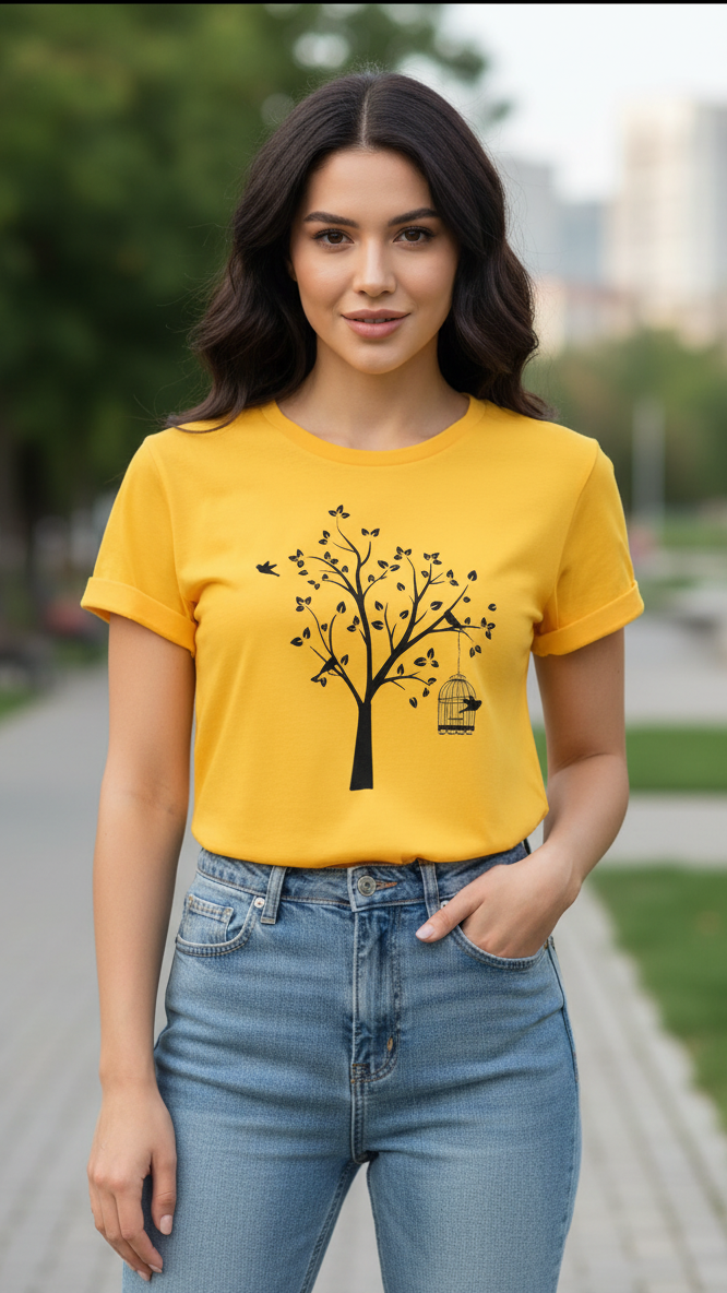 Women's T-Shirt – Short Sleeve Crew Neck Casual Tee in Yellow Printed Tree Graphic T-Shirt